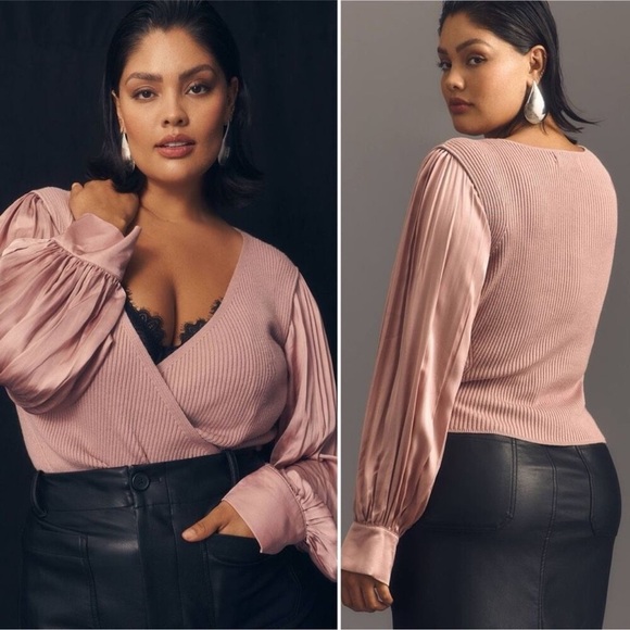 By Anthropologie Twofer Faux-Wrap Sweater Ballet Coquette Romantic Mauve - Picture 1 of 10